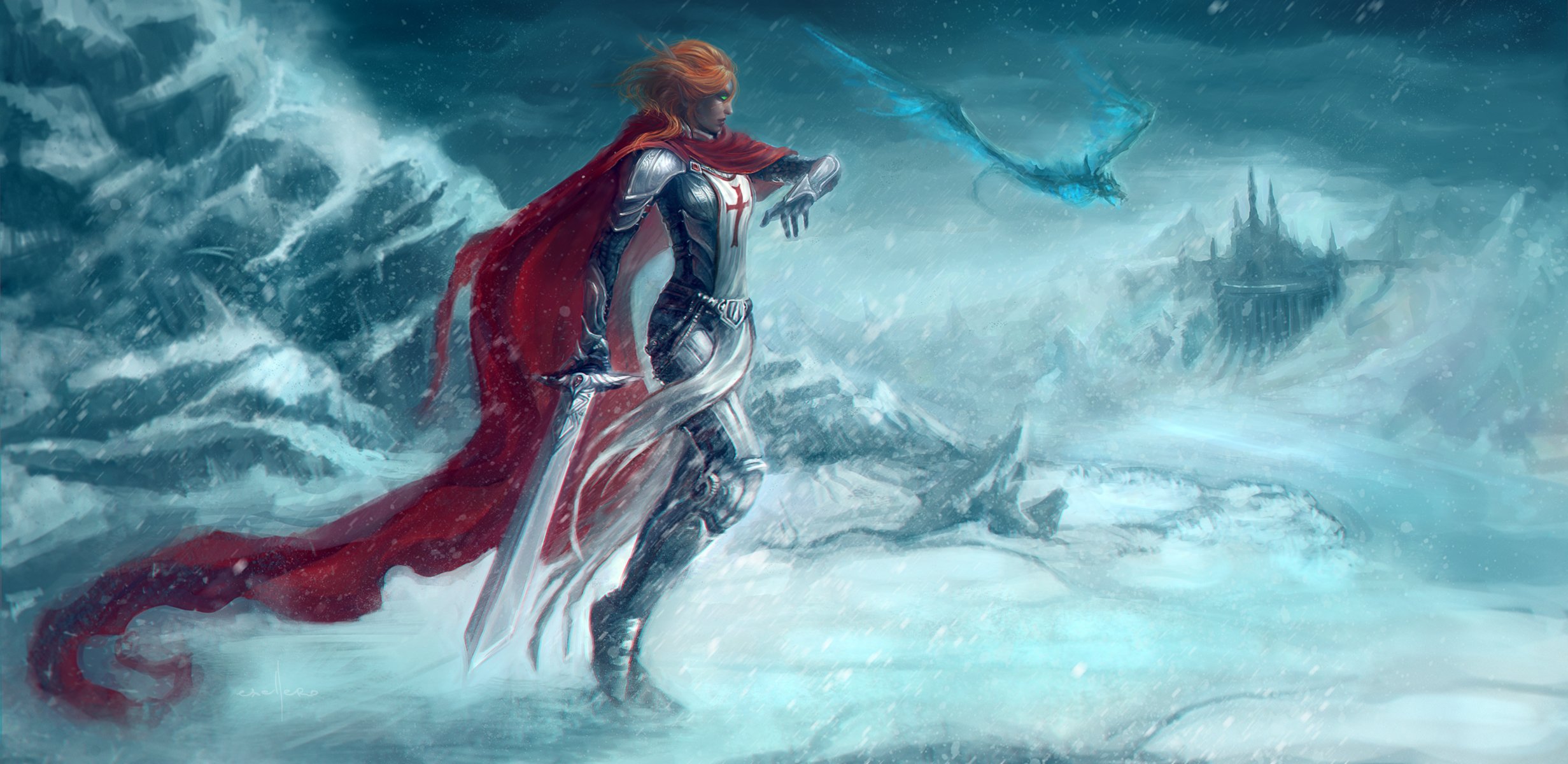 mundo de warcraft arte chica cruzado capa rojo espada arma frío nieve dragón carretera