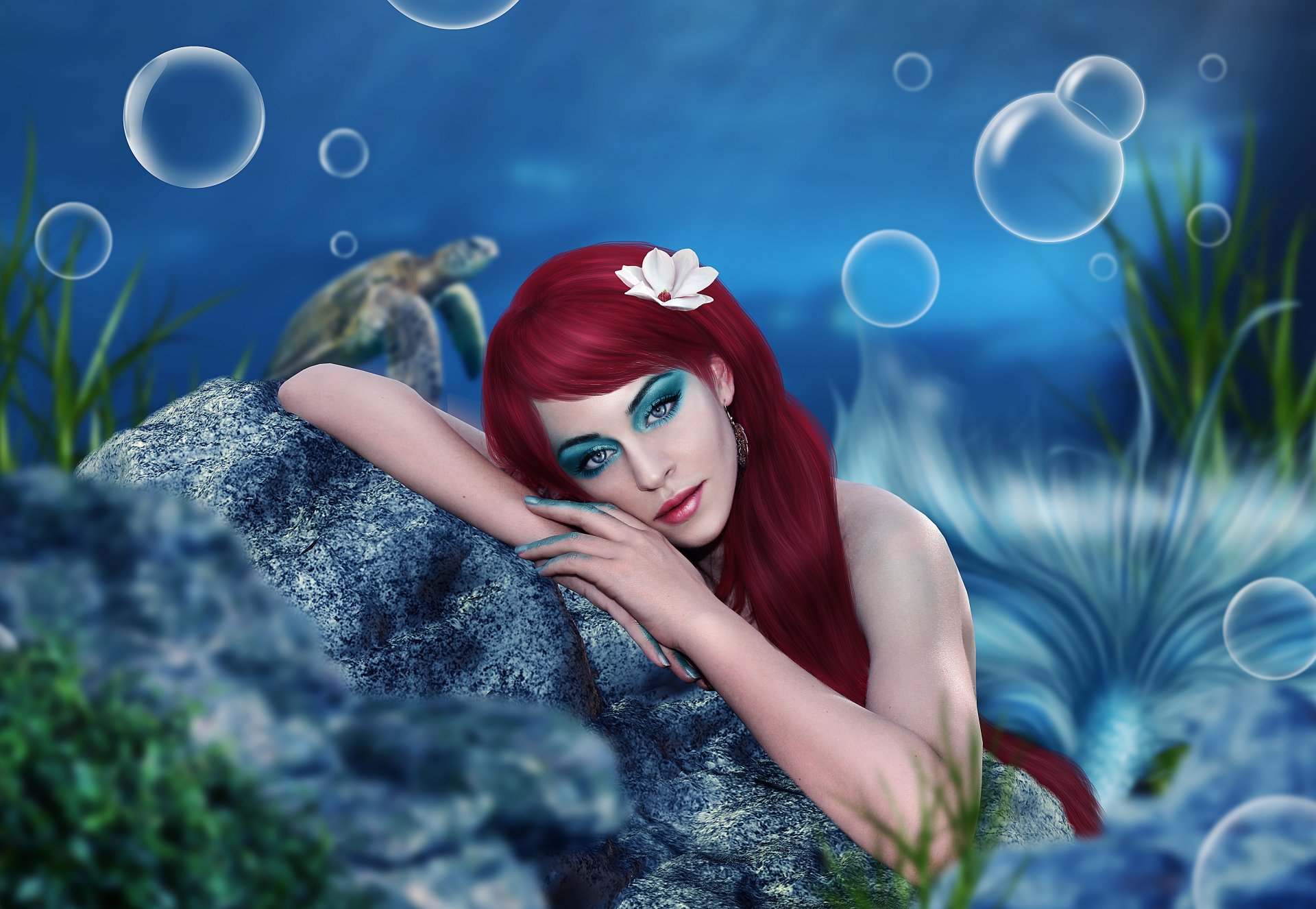 art girl mermaid tail make-up face eyes view red hair hands stone thoughtful water ocean bubble