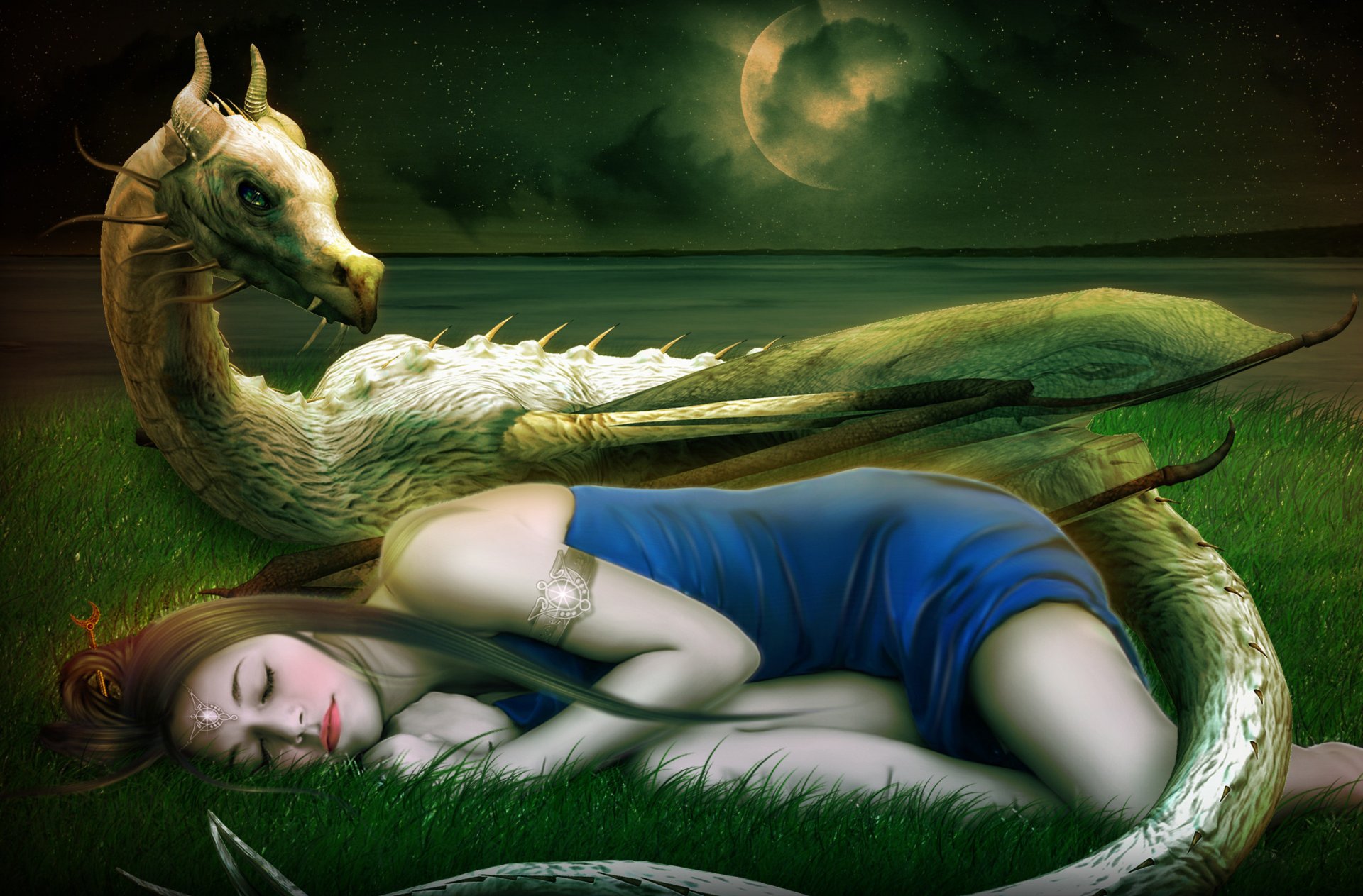 fantasía arte chica cara dormir sueño decoración vestido dragón cuernos travanebo luna estrellas