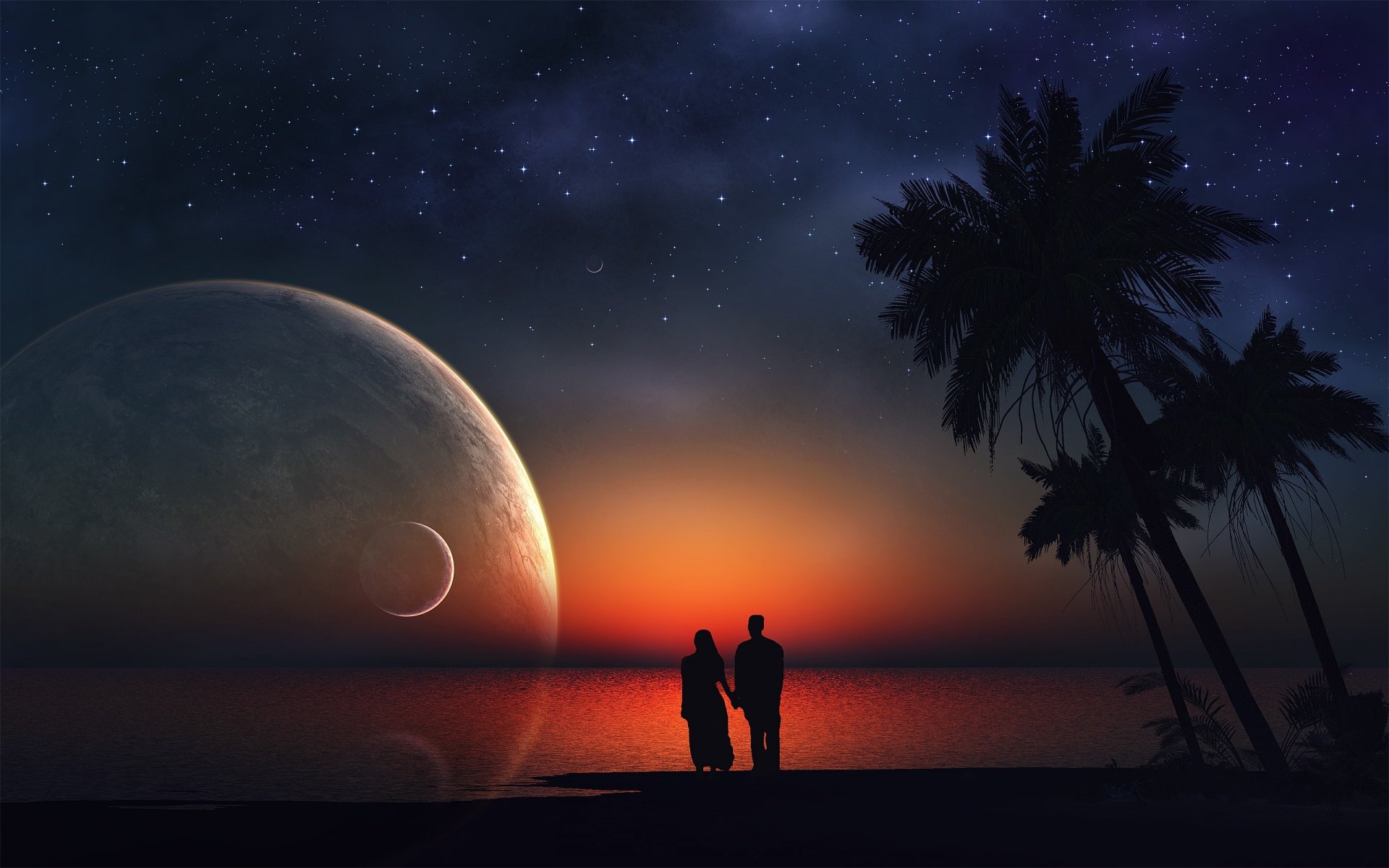 menschen romantik liebhaber meer ozean palmen planeten schönheit sterne nacht