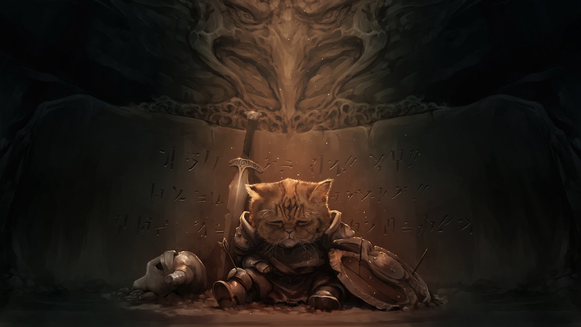 gato espada casco aventura oscuro skyrim arte tristeza