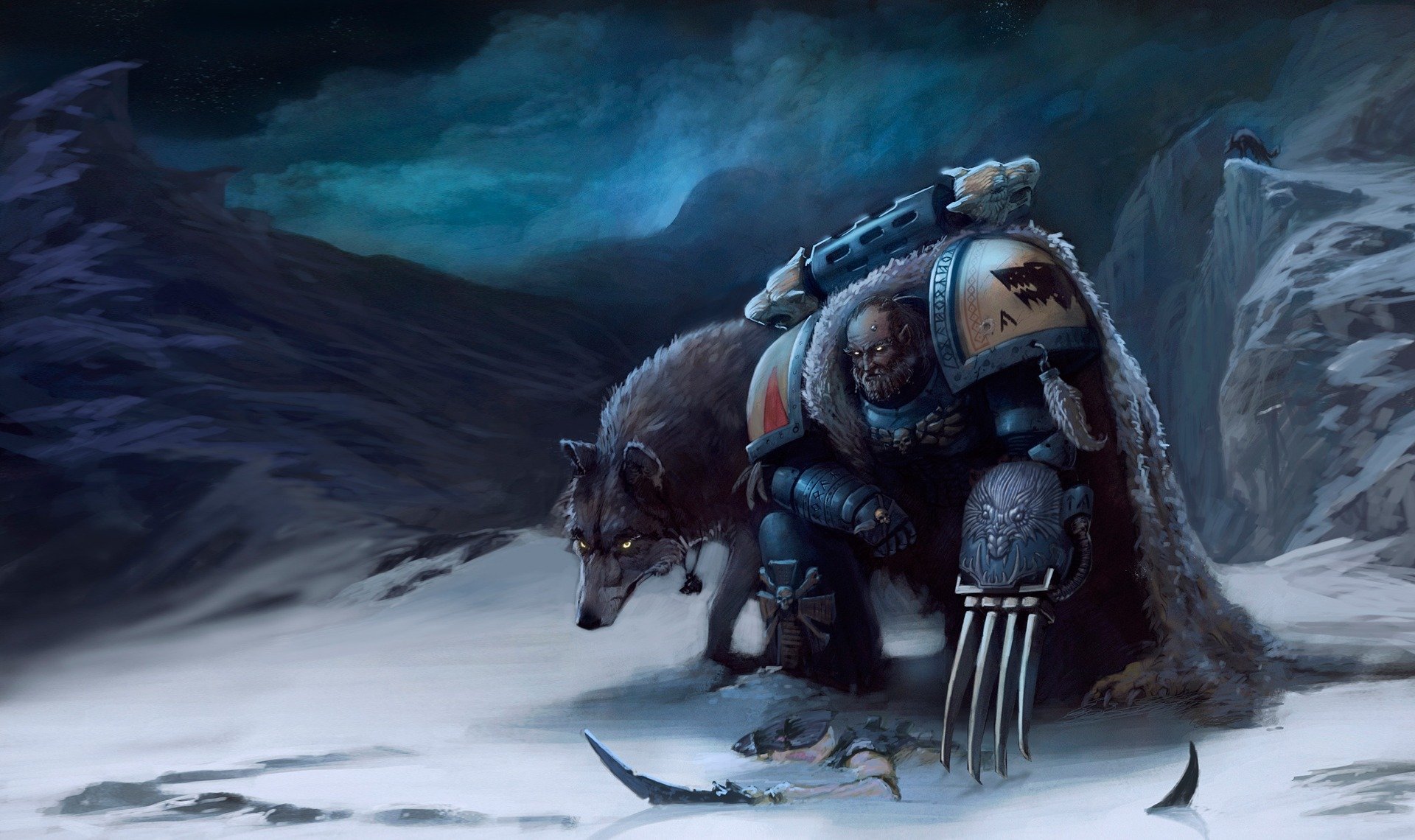 warhammer 40k weltraumwölfe raumschiff krallen wölfe tyrannen hormagount schnee berge