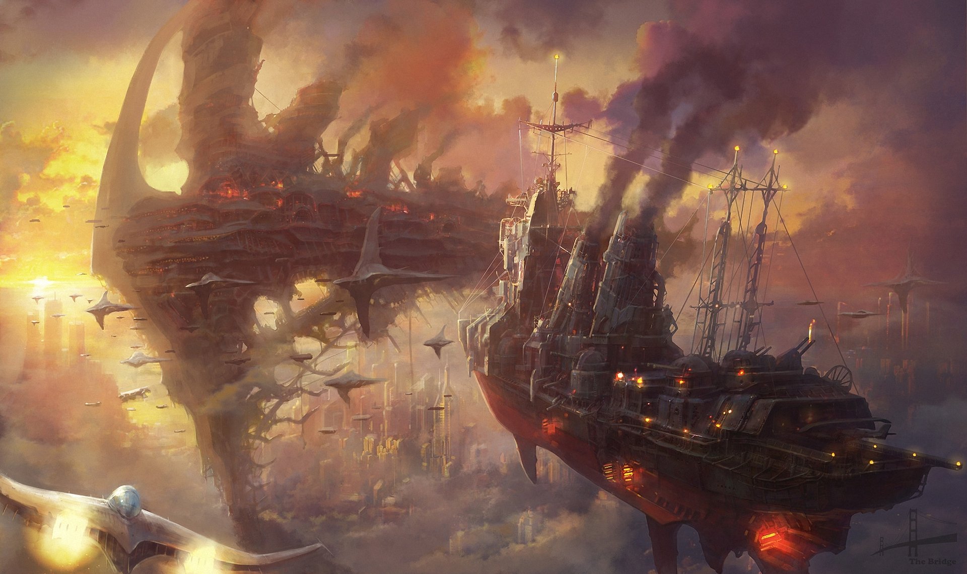 art minseub jung dans le ciel navires ville armada fumée coucher de soleil steampunk nuages