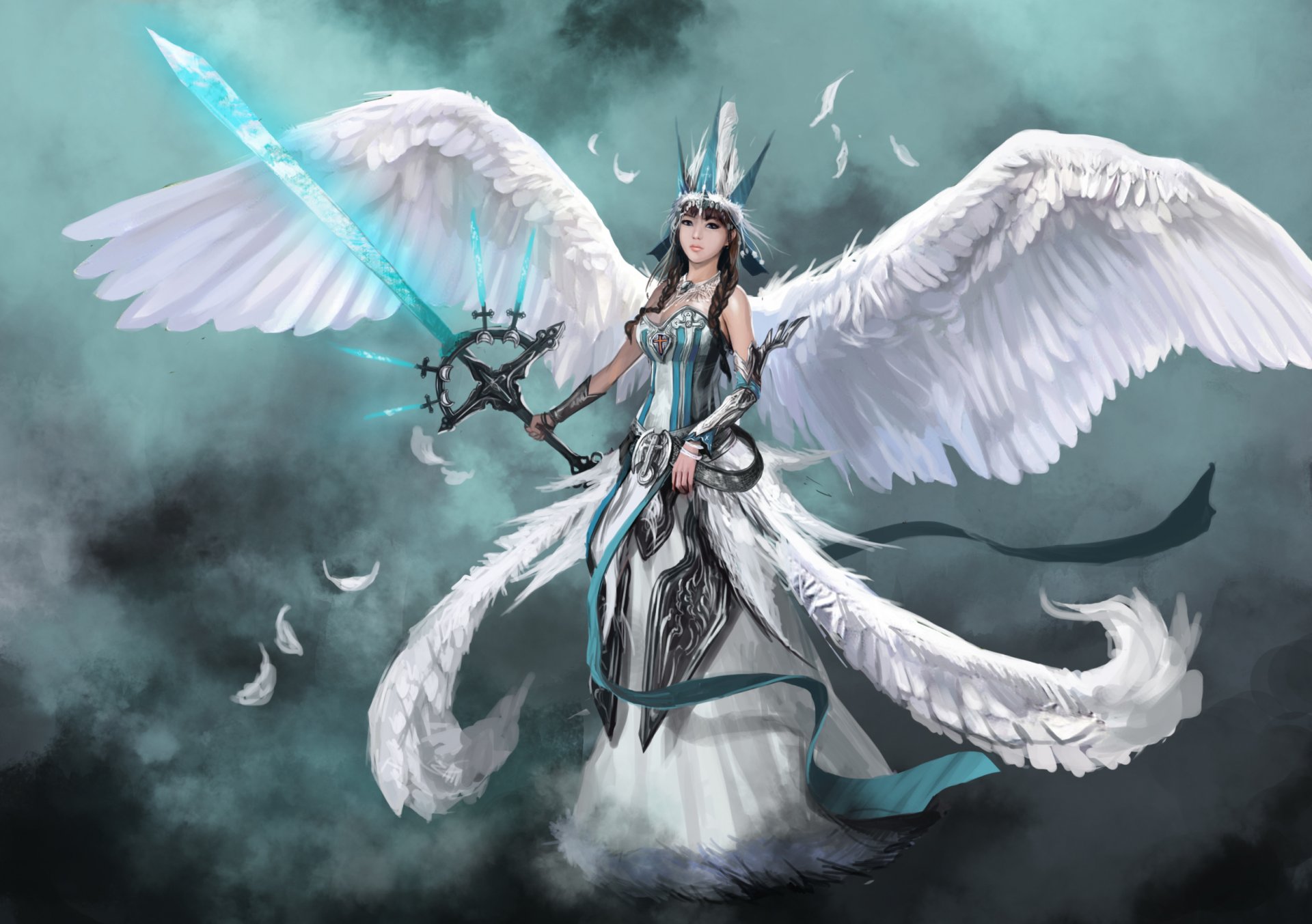 fiction art girl angel wings sword weapon feather