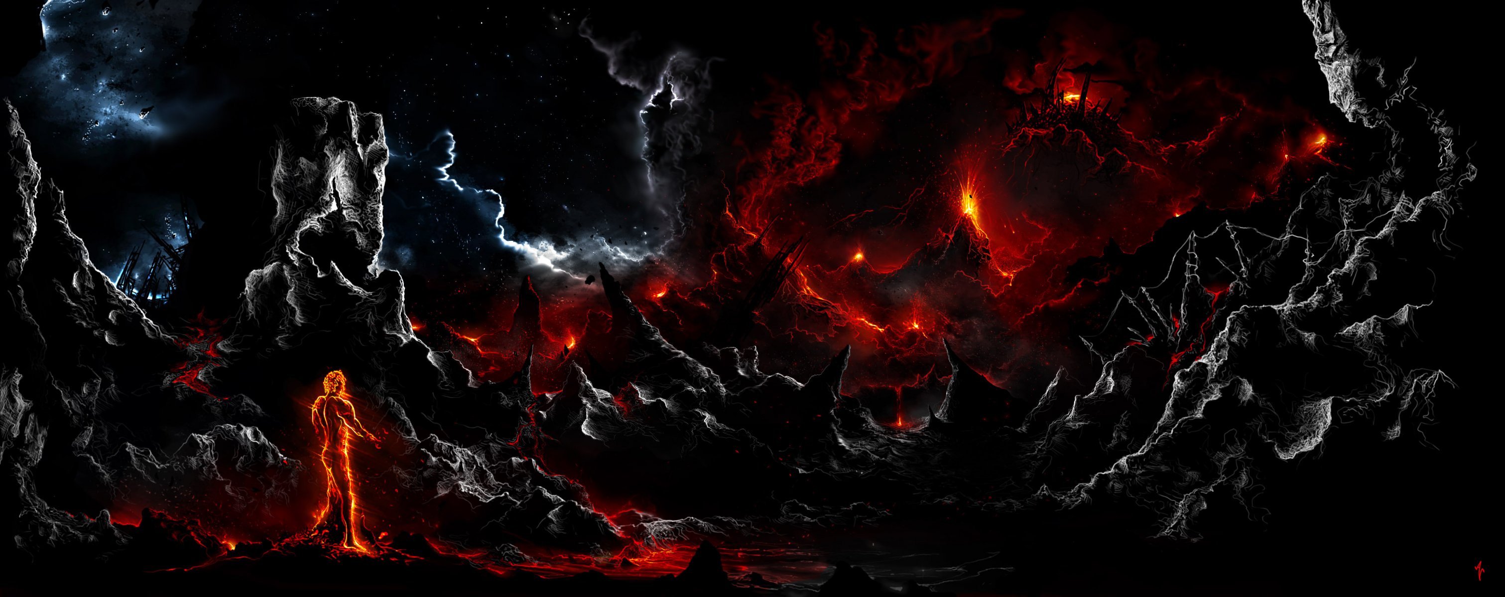 art alberto vangelista fire man rock clouds dark lava