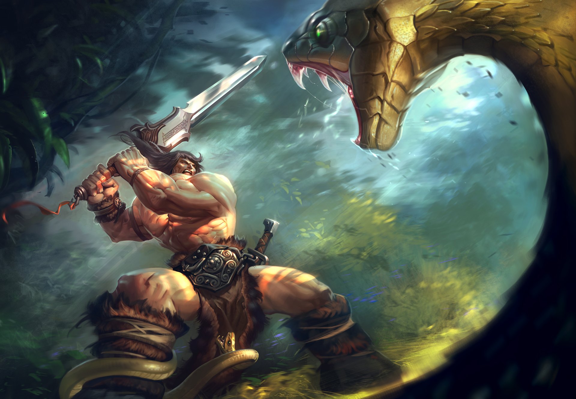 conan the barbarian two-hand sword jungle a huge snake quest