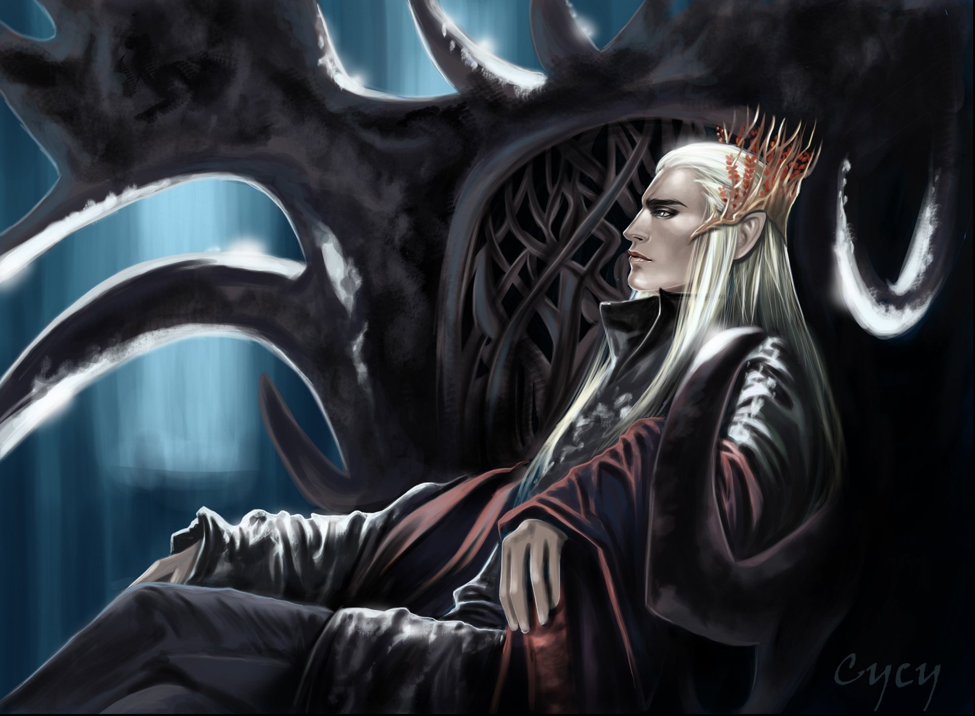 arte el hobbit viaje inesperado el señor de los anillos thranduil elfo trono corona