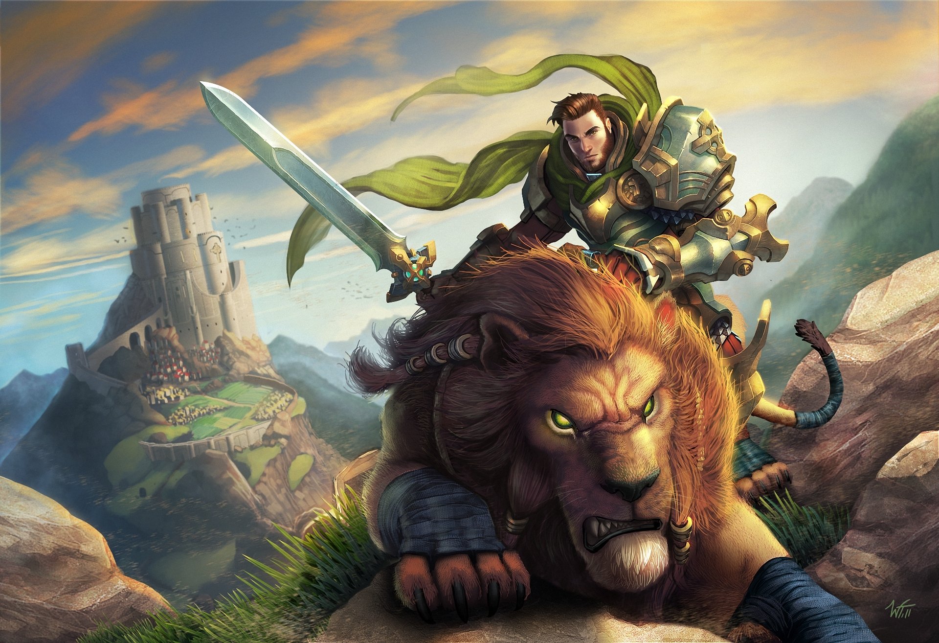 art world of warcraft homme guerrier lion prédateur cavalier épée château montagnes pierres