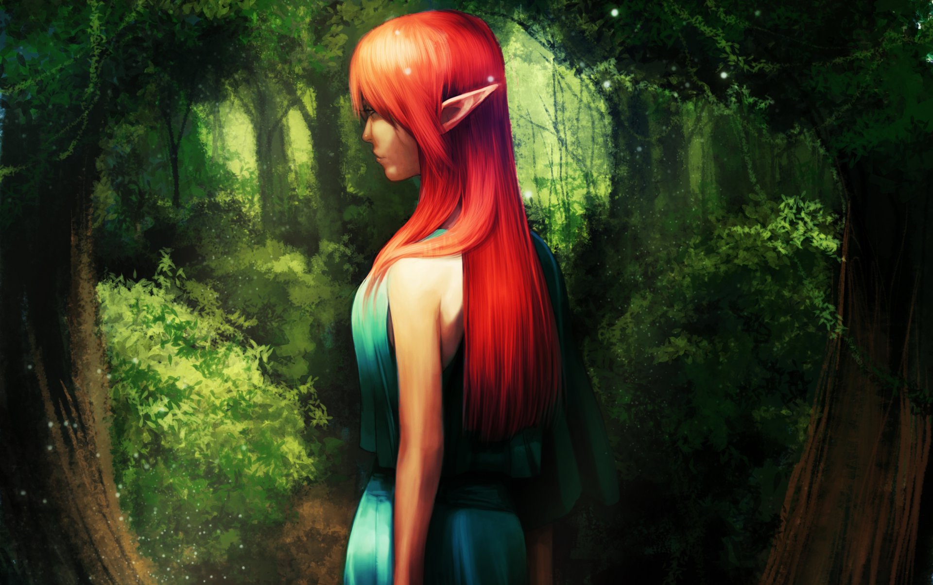 elf girl grove tree red blue dress spark