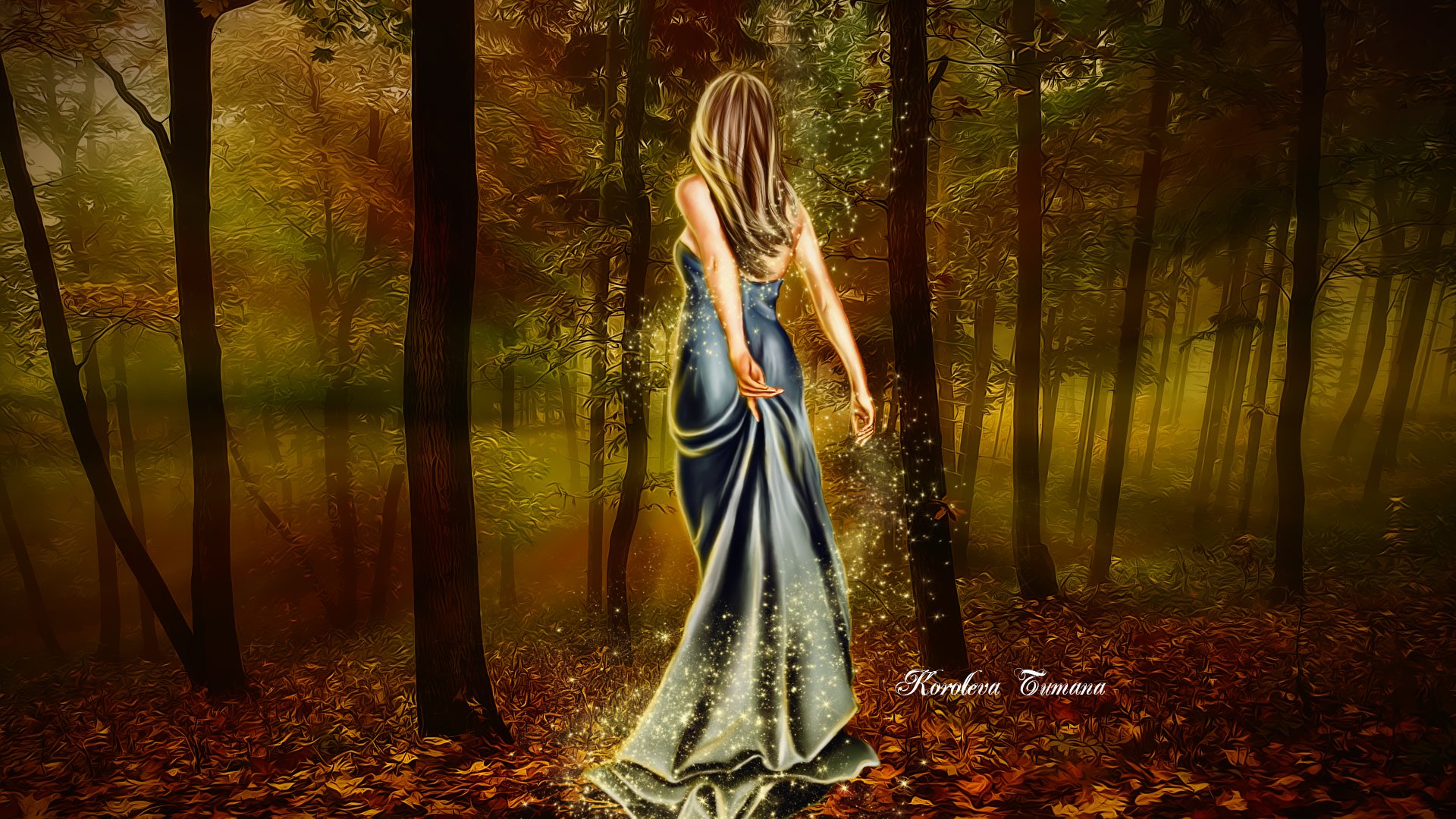 arte ragazza vestito schiena capelli luci magia foresta alberi foglie