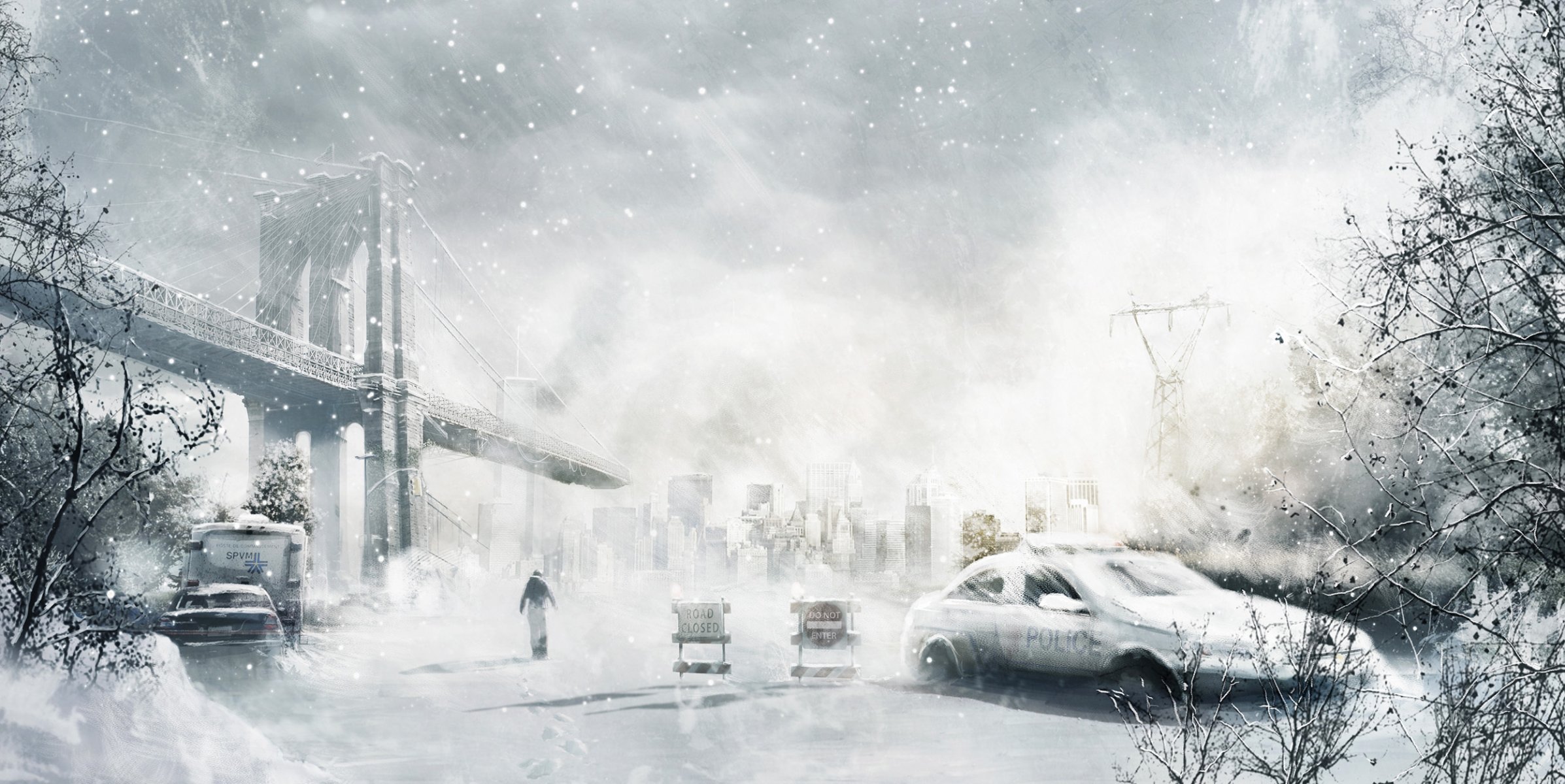 art ville voiture homme hiver neige post-apocalypse pont ruines