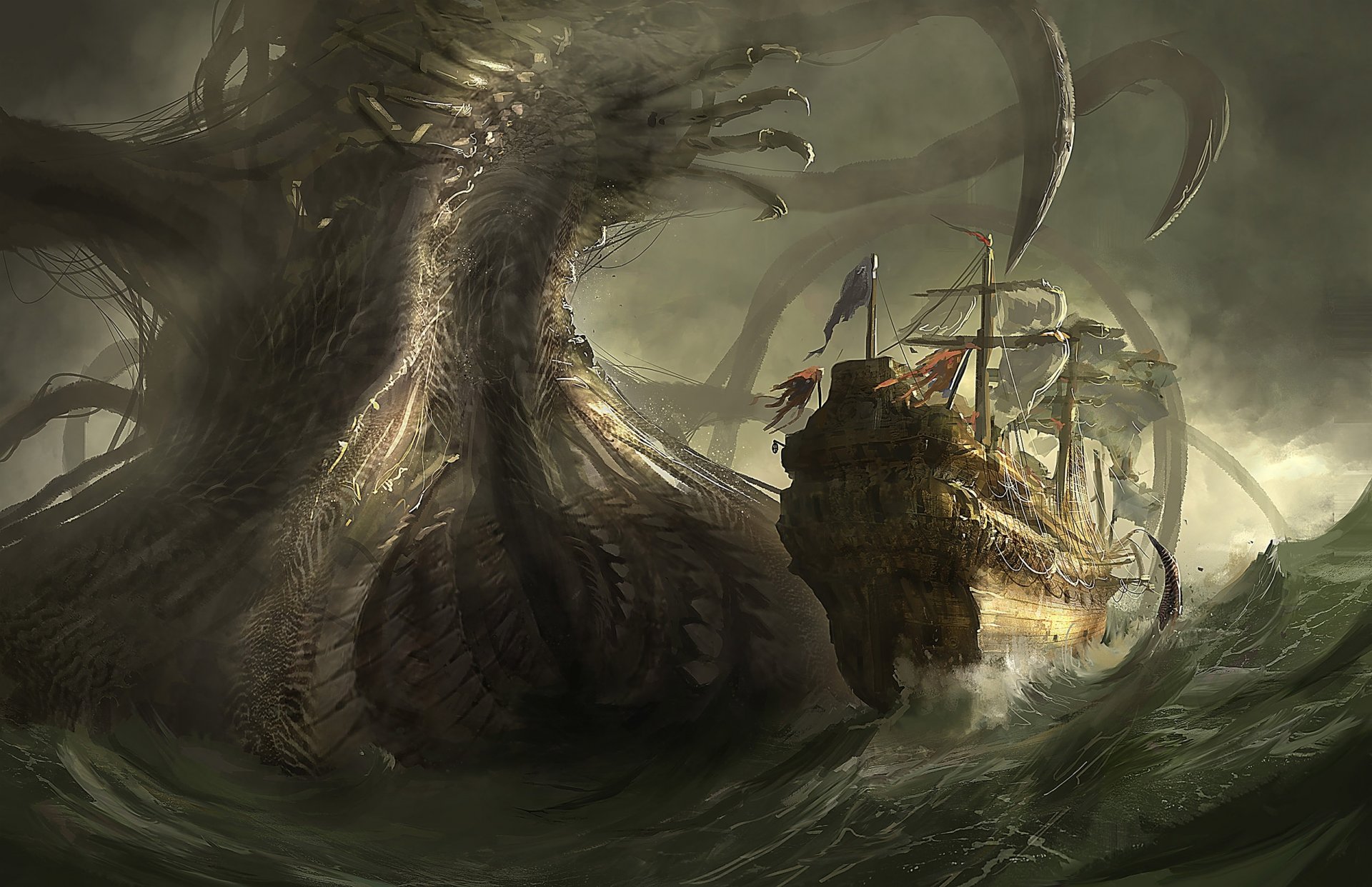 art sea monster giant ship danger