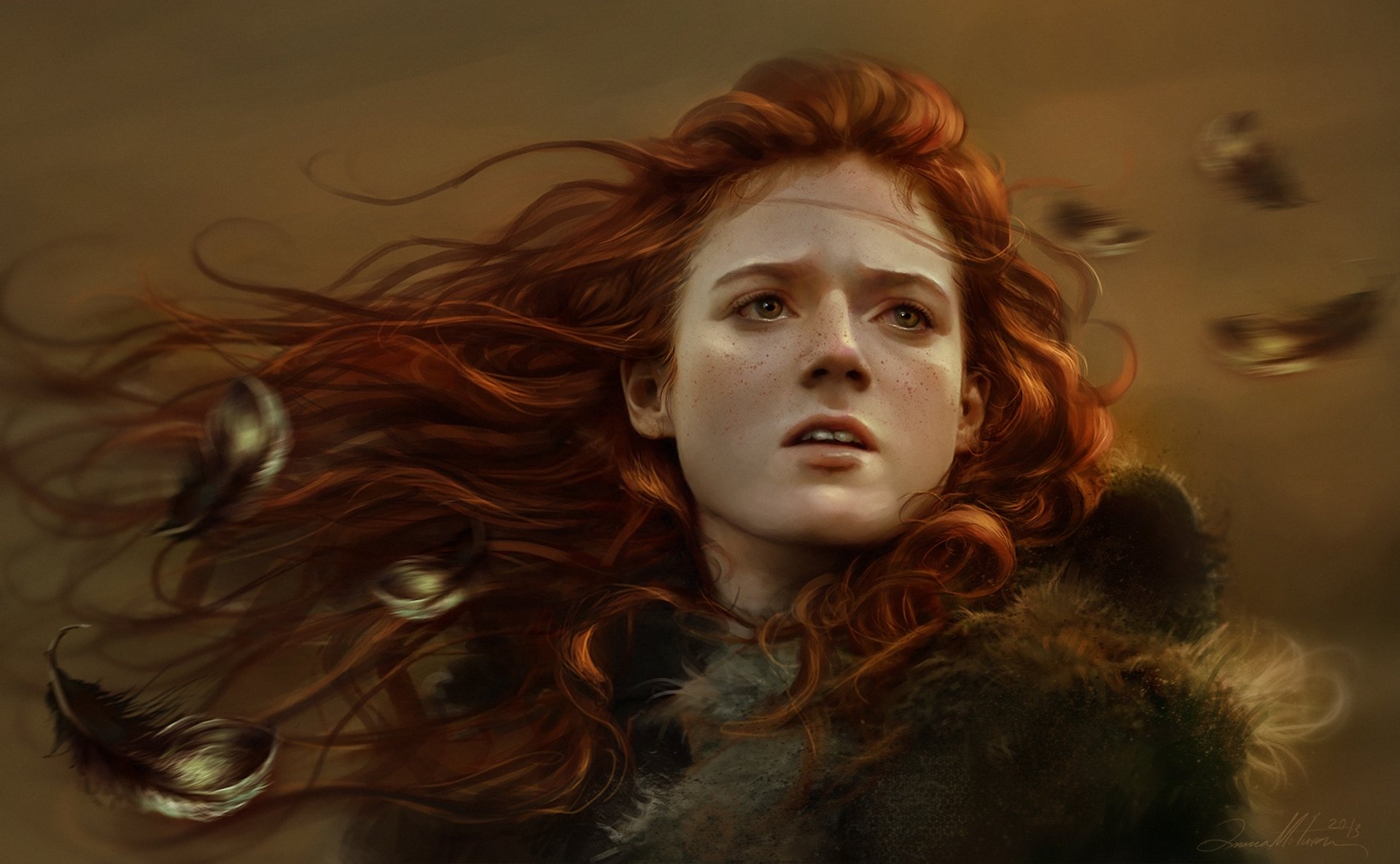 arte game of thrones ygritte ragazza viso rossa lentiggini piume