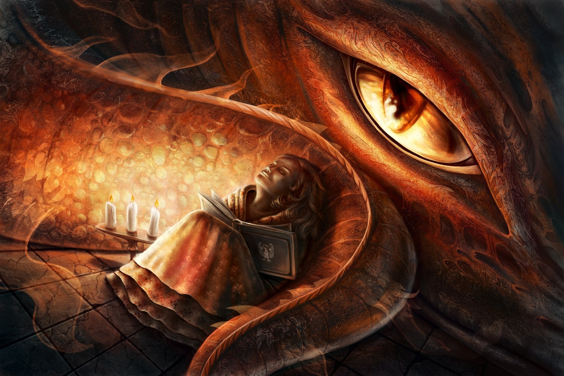 arte elena mikhailova dragón niña libro velas sueño ojo cola