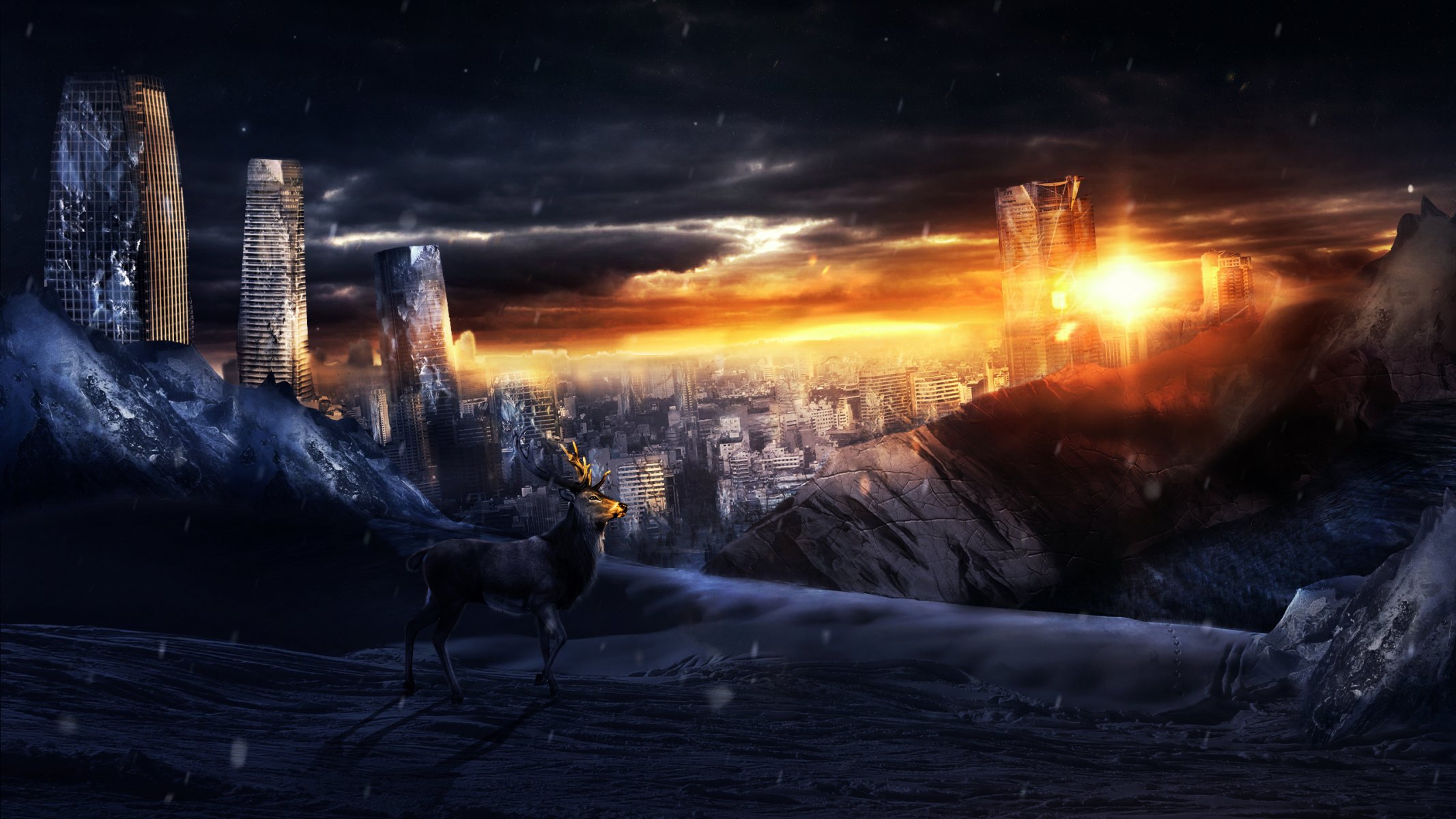 apocalypse ruined city clouds reindeer art