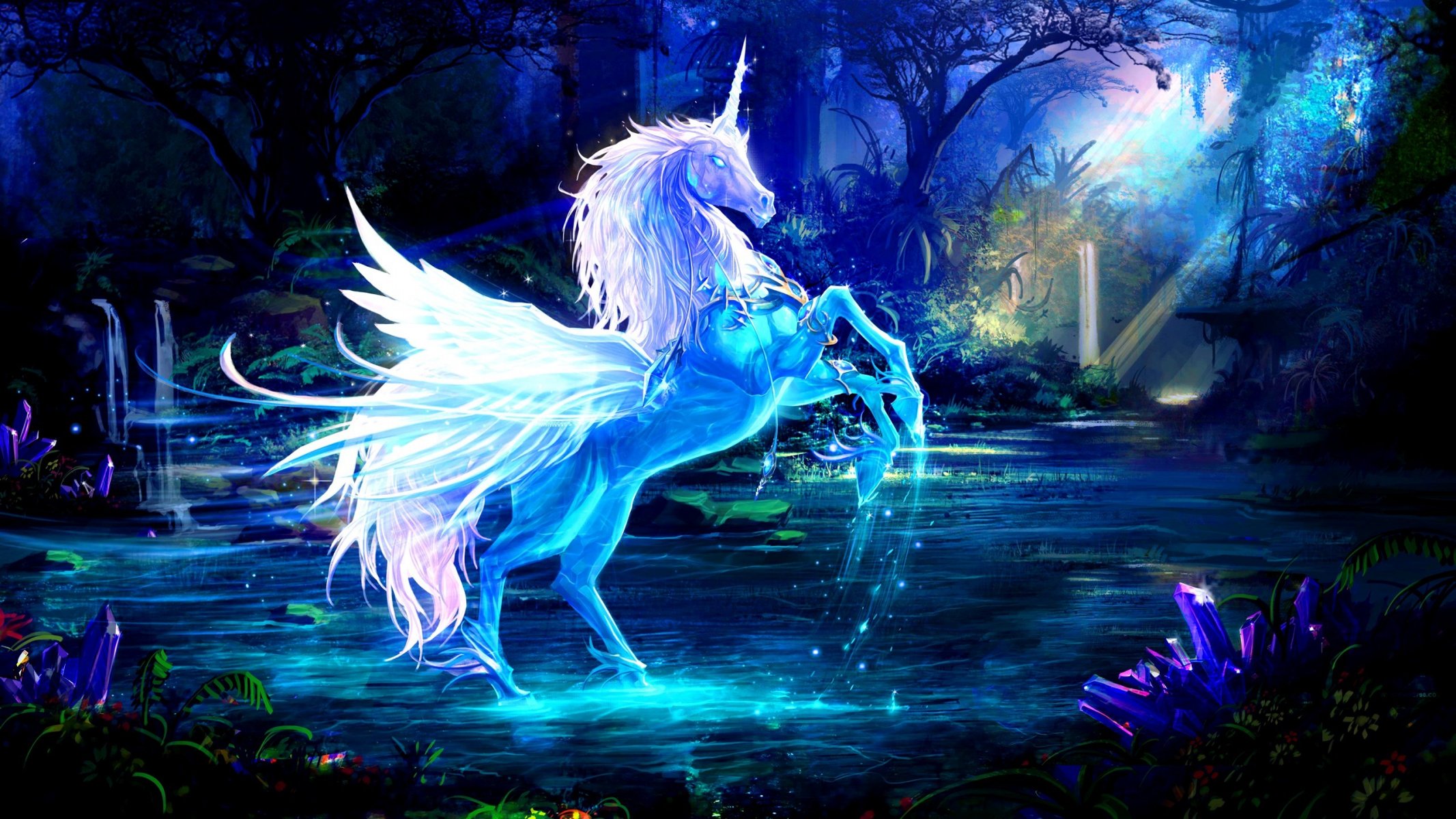 art unicorn horse water rays forest