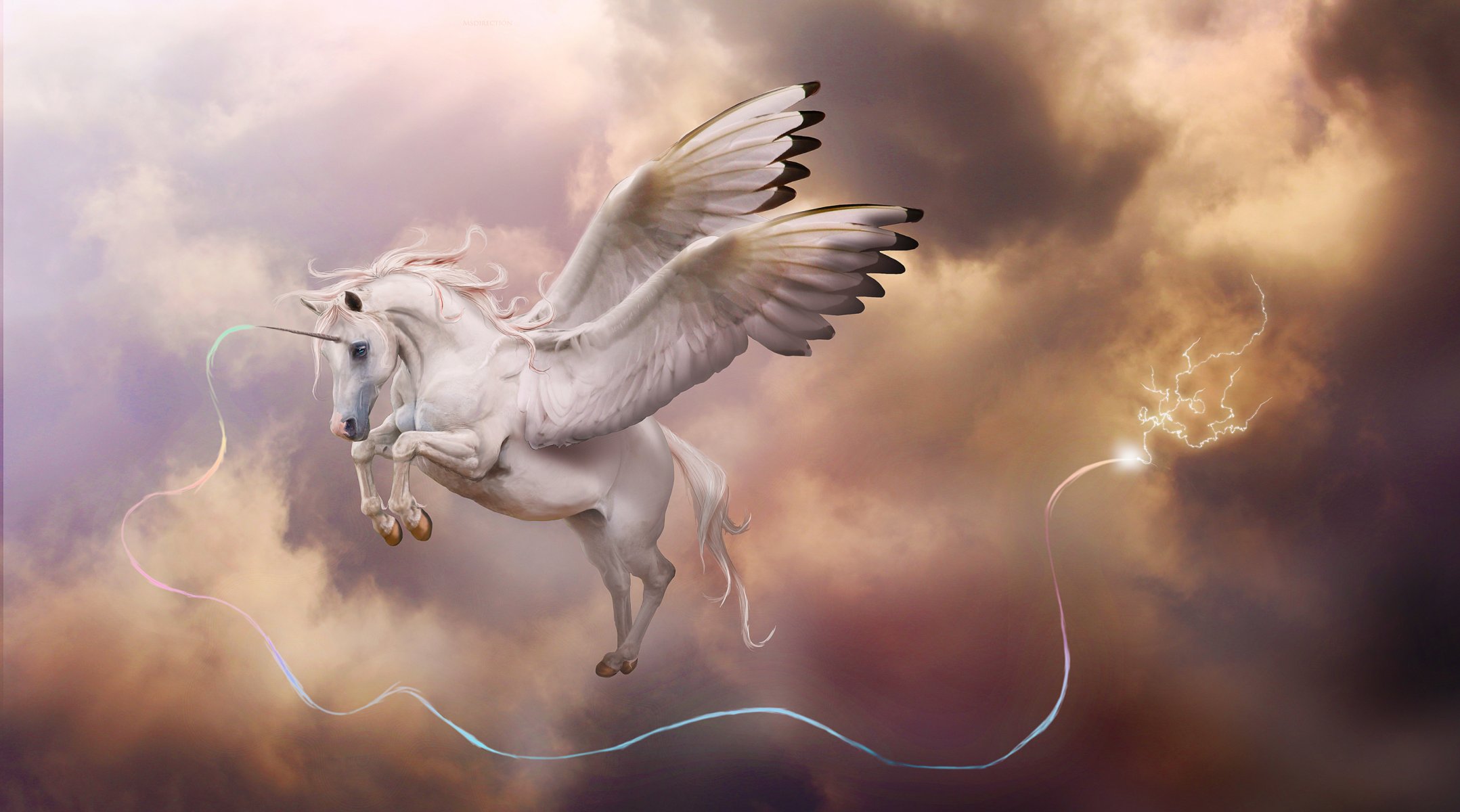 arte unicornio cuerno pegaso alas en el cielo magia relámpago nubes tormenta