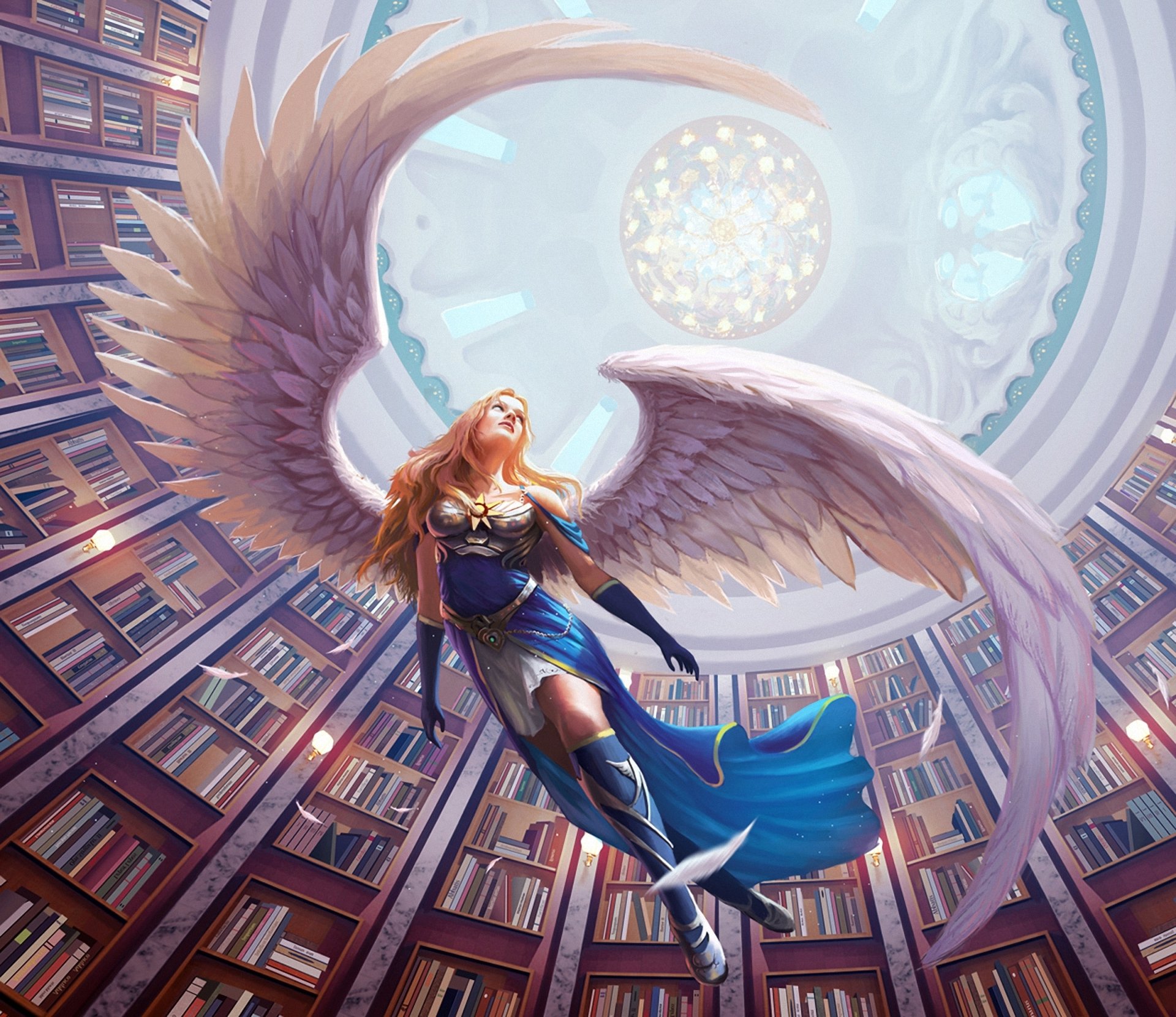 arte ángel chica biblioteca libros alas bóveda plumas