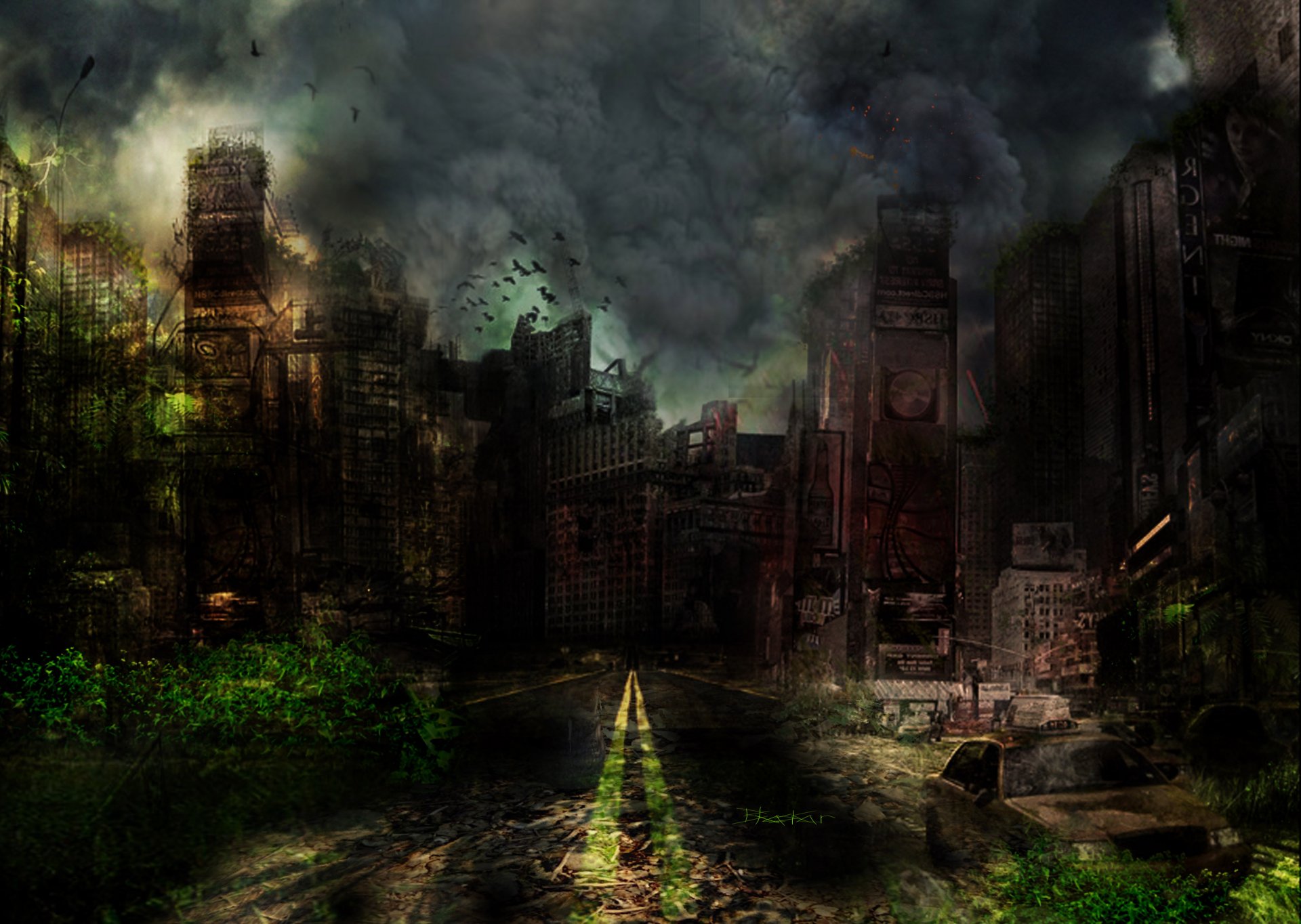 art city buildings buildings road ruins ruins sky clouds smoke apocalypse