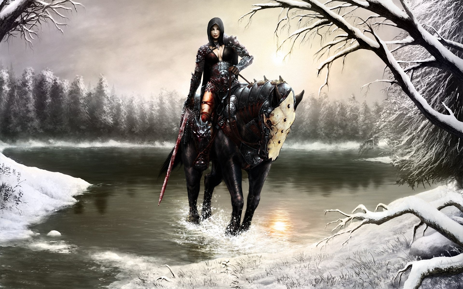 arte chica caballo invierno nieve lago espada sangre salpicaduras bosque capucha