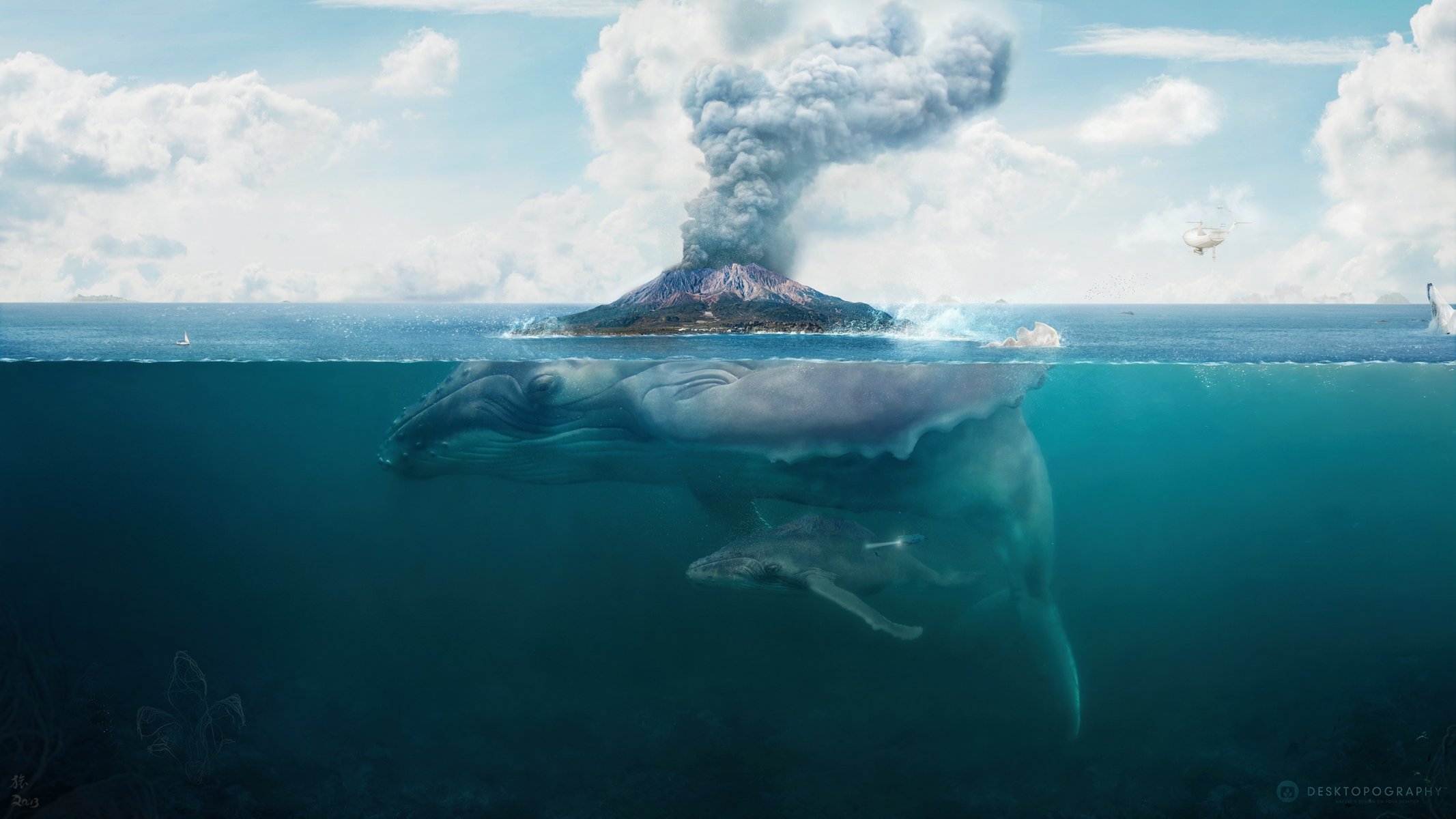 baleine art île volcan fonds d écran hq desktopography fiction