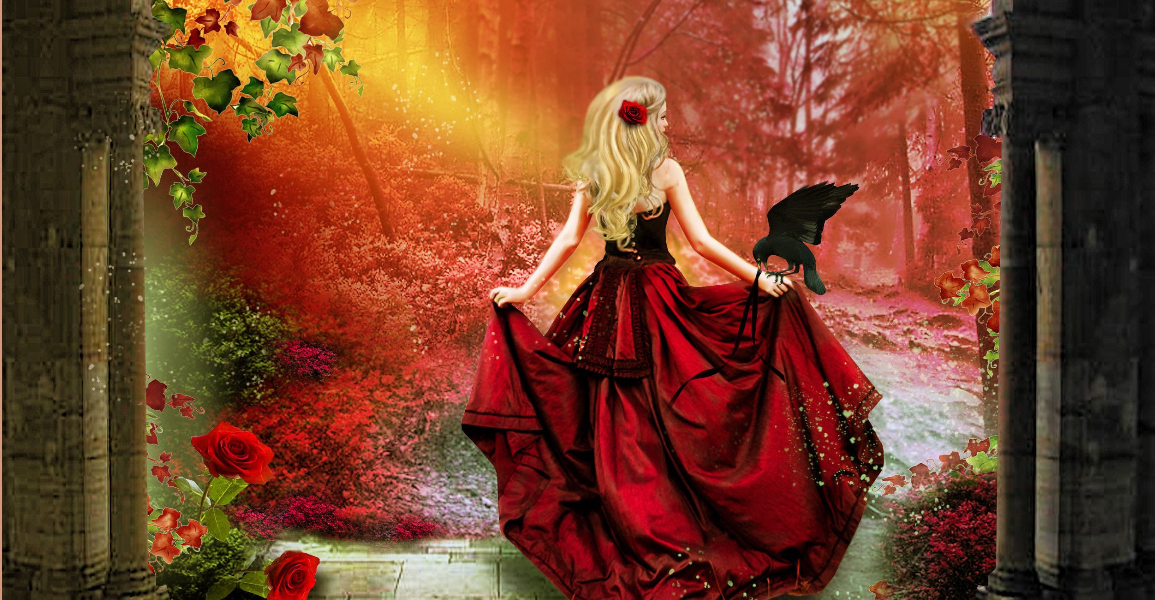 kunst mädchen rücken rotes kleid schleppe korsett rose rot haar blond vogel rabe blumen bäume blätter