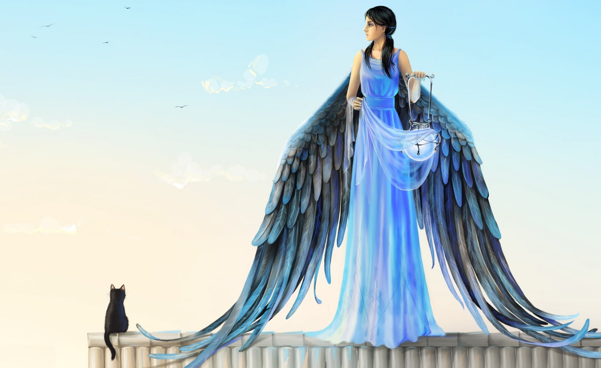 joya filomena fille ange ailes robe bleue lanterne lumière profil vue chat noir toit ciel nuages