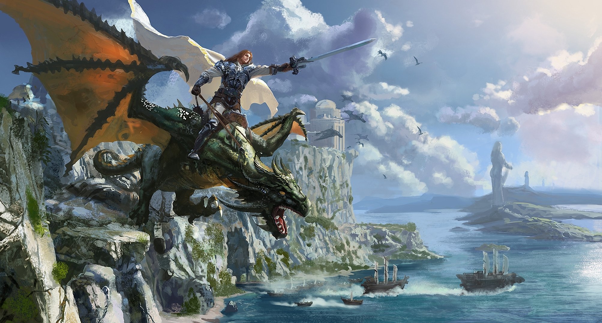 art dragon horseman warrior sword rock sea castle coat ship