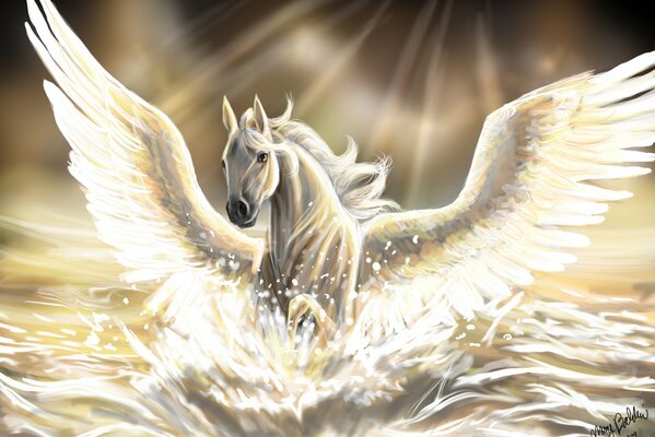 White horse Pegasus flying across the sun