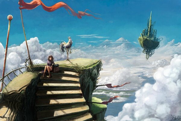 A girl with a bird sitting on the steps to the sky and a flying ship