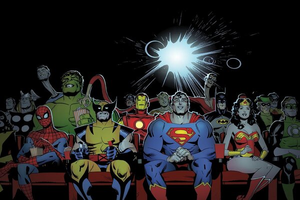 Comic book superheroes in a movie theater with popcorn