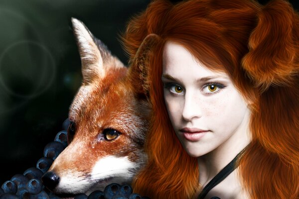 Red-haired girl with a fox and berries