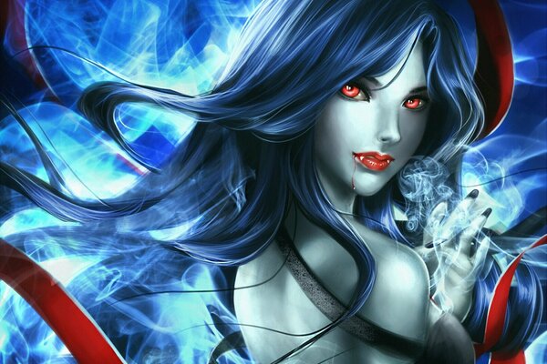 Retrato de una bella vampira con cabello azul y ojos rojos
