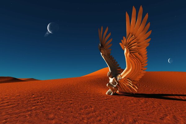 Angel on the sand in the desert under the stars and blue sky