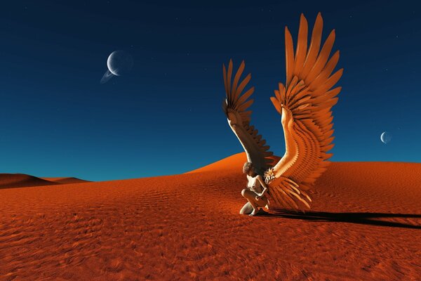 Angelo sulla sabbia nel deserto sotto le stelle e il cielo blu