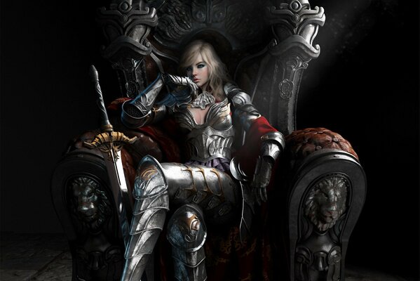 A girl in iron armor on the throne