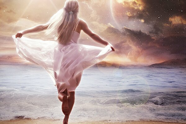 A girl in a fluttering dress runs to the sea with her arms outstretched