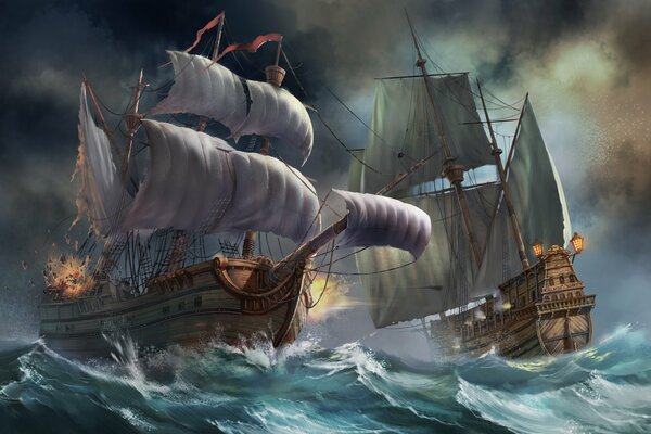 Bitwa wśród sztormu statków na falach