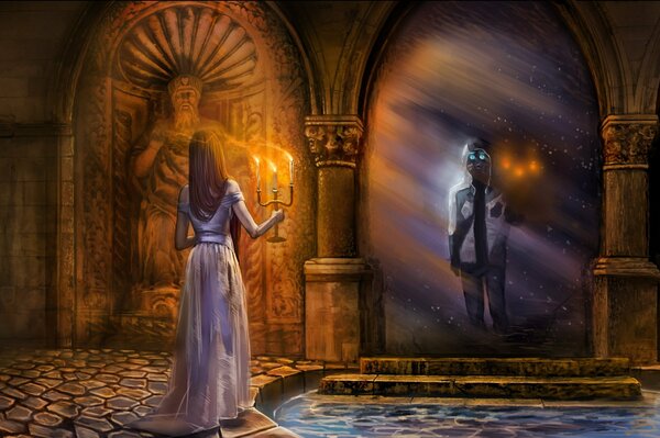 A girl with a candelabra in her hand peers into a magic mirror in a huge hall