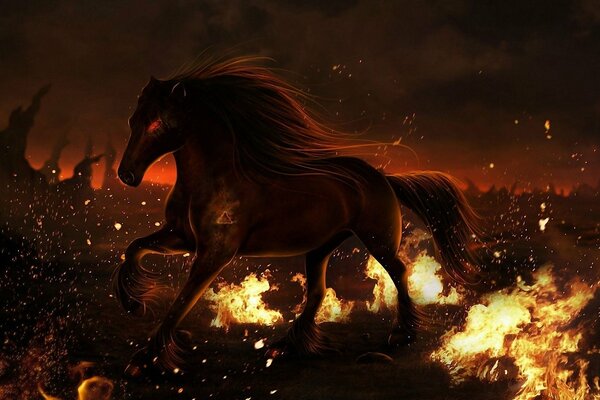 A horse running through a field of fire