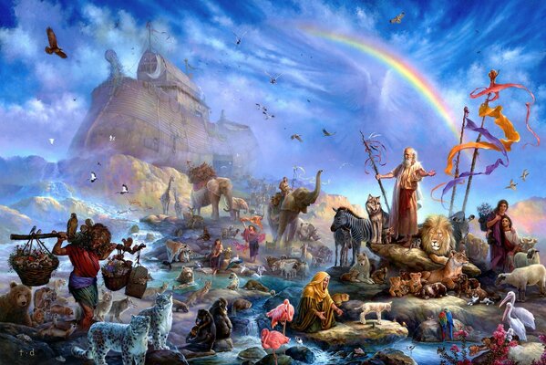 Die Arche Noah und der Regenbogen am Himmel