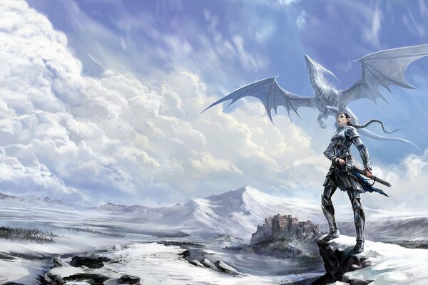 Une belle guerrière elfe en armure et avec une épée accompagnée d un dragon blanc, regardant dans la plaine glacée