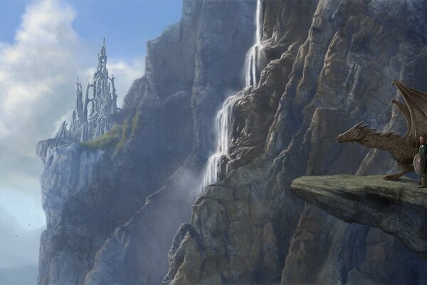 Человек с драконом возле замка с водопадами