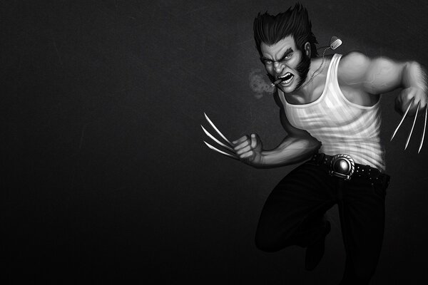 Wolverine en colère avec des griffes en acier et un cigare sur fond noir