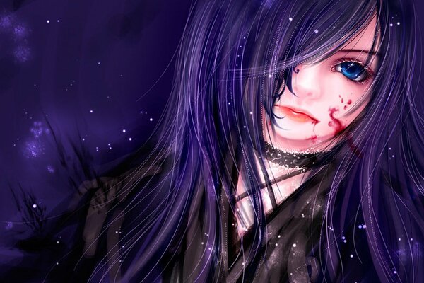 A girl with blue eyes and blood