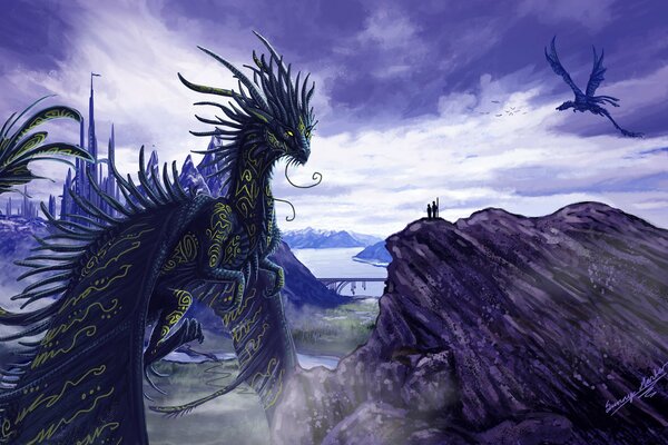 Purple art of a multi-horned dragon with wings painted with wound patterns talking to people standing on a high rock