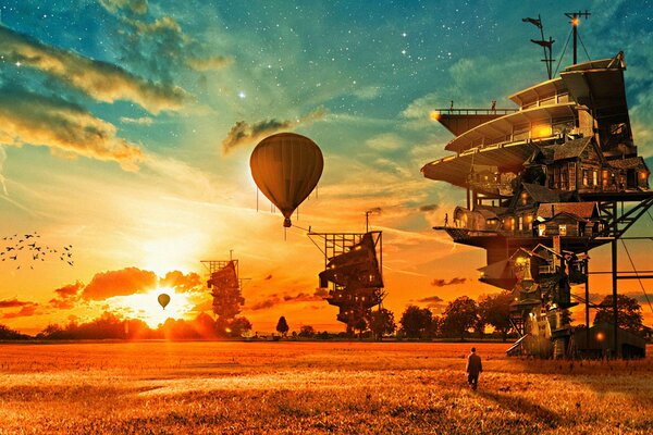Футуристическая картина с воздушными шарами над полем