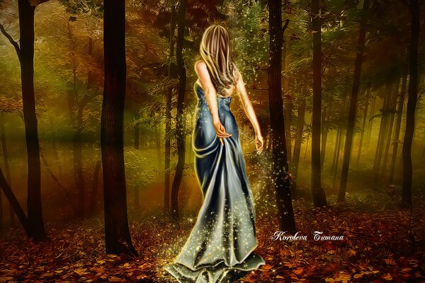 Девушка в магическом лесу среди деревьев