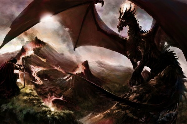 Art sur les rochers d un dragon et un homme avec une épée, un volcan avec de la lave en arrière-plan