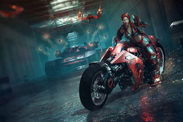 Девушка на красном мотоцикле арт